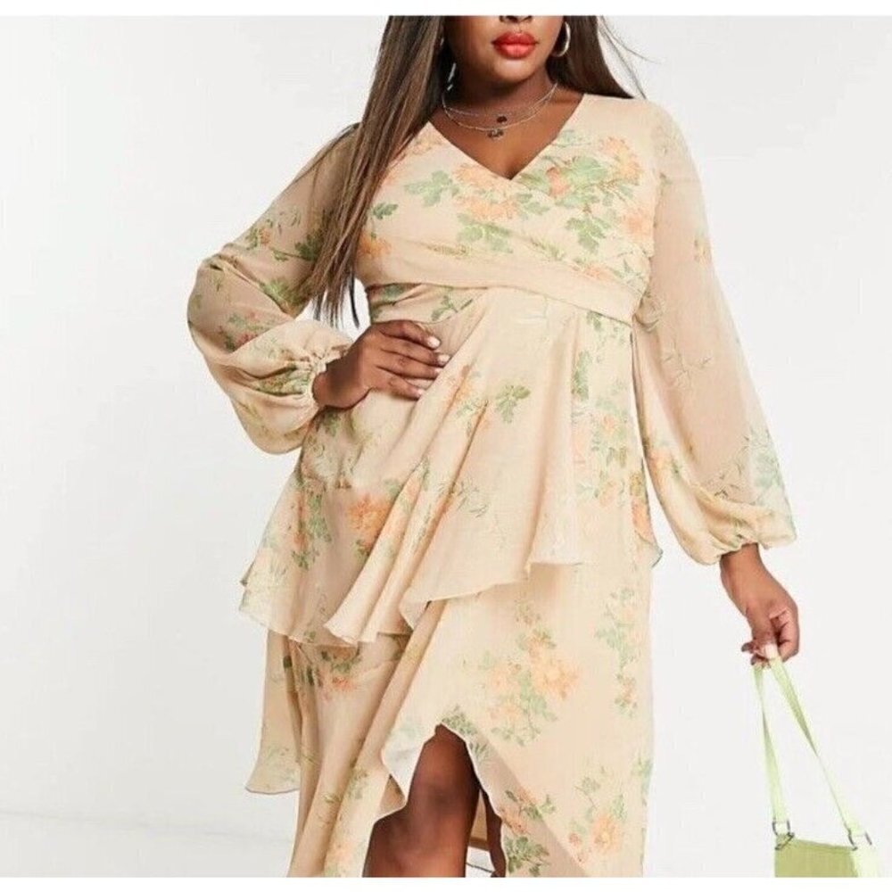 ASOS Designs Womens Peach Floral Faux Wrap Flowy Long Sleeve MIDI Dress Size 14